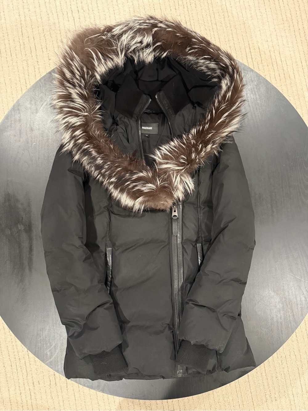 Mackage Black Down Puffer Coat with Brown Faux-Fur Trim Hood
